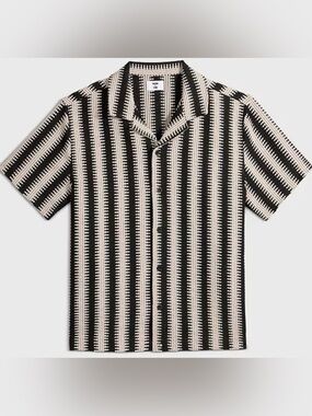 Macy's Black and Cream Striped Short Sleeve Button-Down Shirt